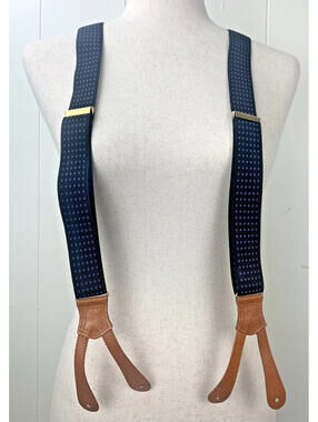 Vintage Polo Ralph Lauren Suspenders Braces Silk Elastic Leather Blue Polka Dot